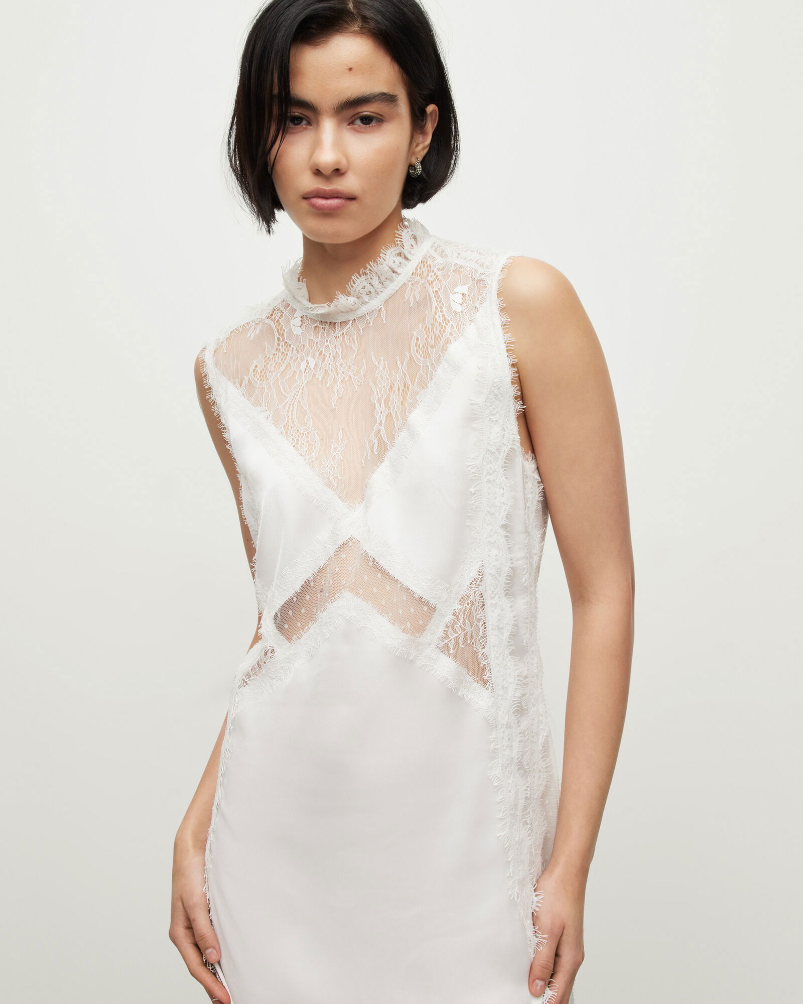 chinese dress ladies Right Moment Lace Overlay Frill Mini Dress White L