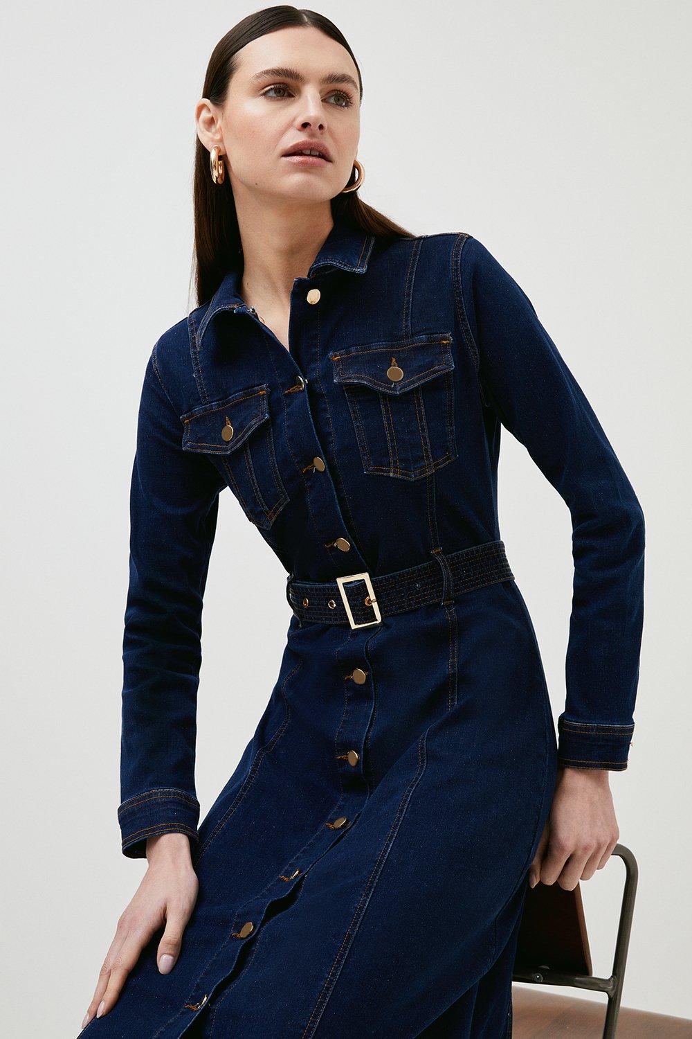 KAREN MILLEN Denim Western Belted Midi Shirt Dress | endource
