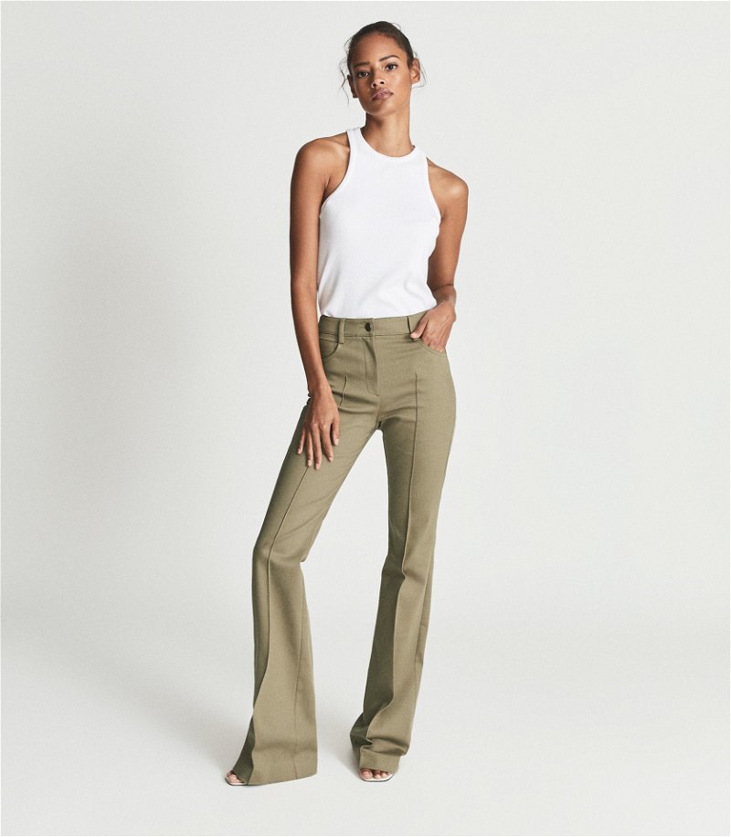 REISS Florence High Rise Flared Trousers in Khaki
