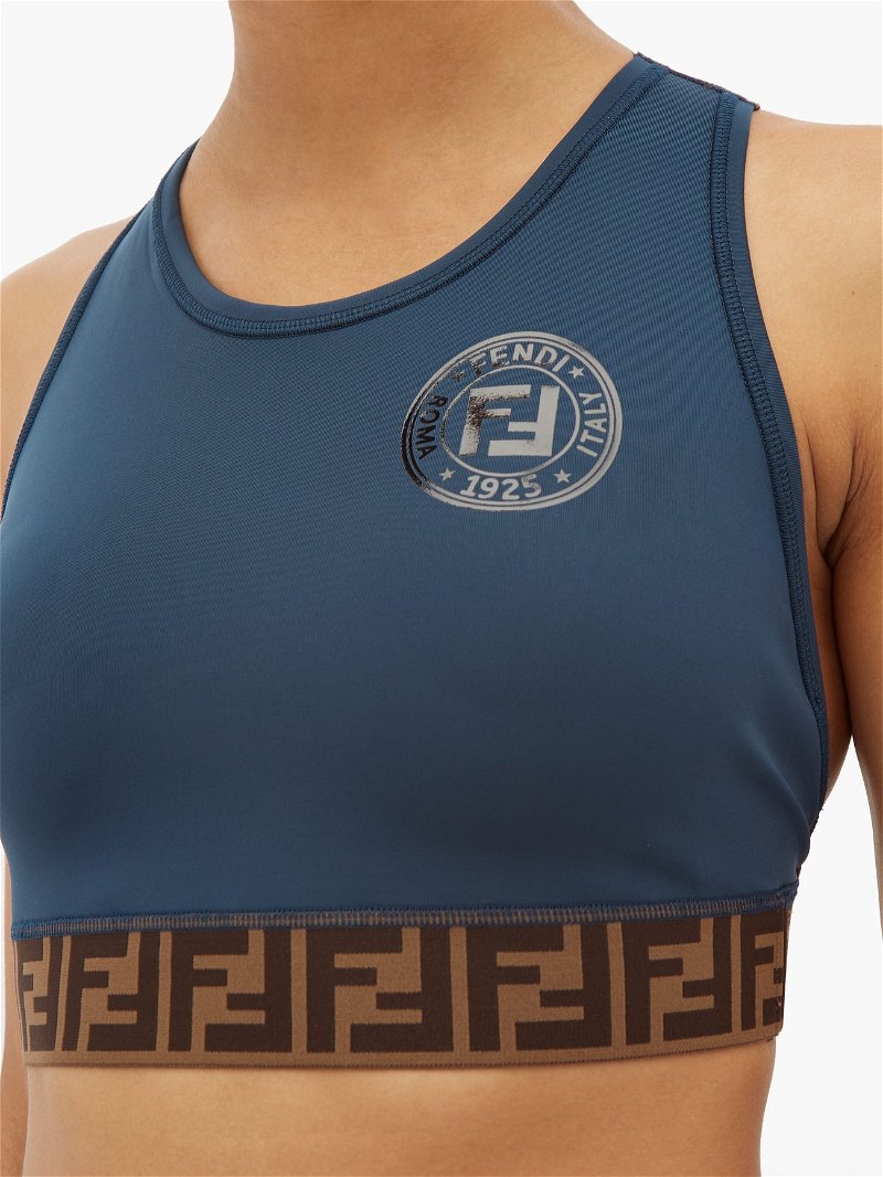 FENDI FF-Logo Stripe Performance Sports Bra in Teal blue
