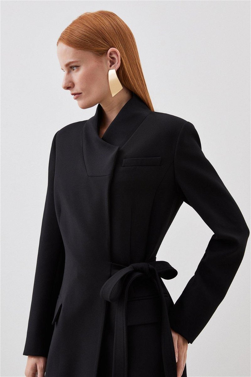 Leather Asymmetric Tailored Longline Coat - Black
