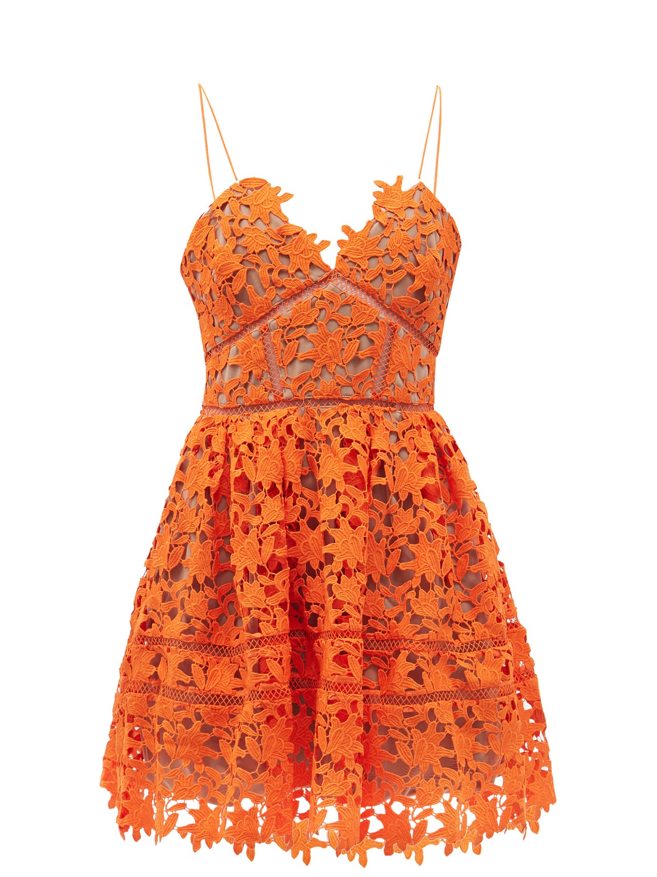 SELFPORTRAIT Flared Macramé And LadderLace Mini Dress in Orange