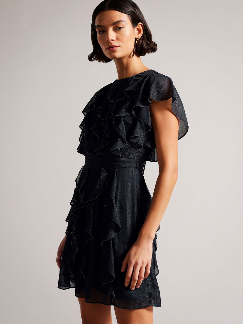 ted baker black ruffle dress TED BAKER Dollei Ruffle Metal Ball Trim Mini Dress