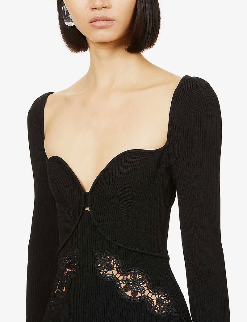 SELF-PORTRAIT Slim-Fit Lace-Embellished Stretch-Knit Midi Dress | endource SELF-PORTRAIT Slim-Fit Lace-Embellished Stretch-Knit Midi Dress | endource