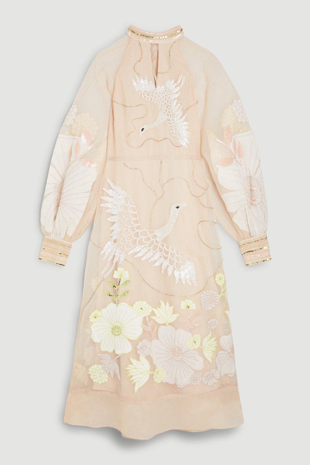 knee length dresses for ladies Karen Millen Organdie Applique Midi Dress
