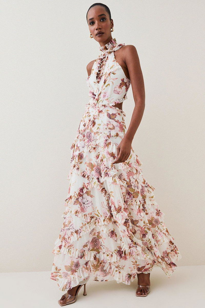 karen millen chiffon dress Karen Millen Ruffle detail chiffon woven maxi dress in Blushed Nudes