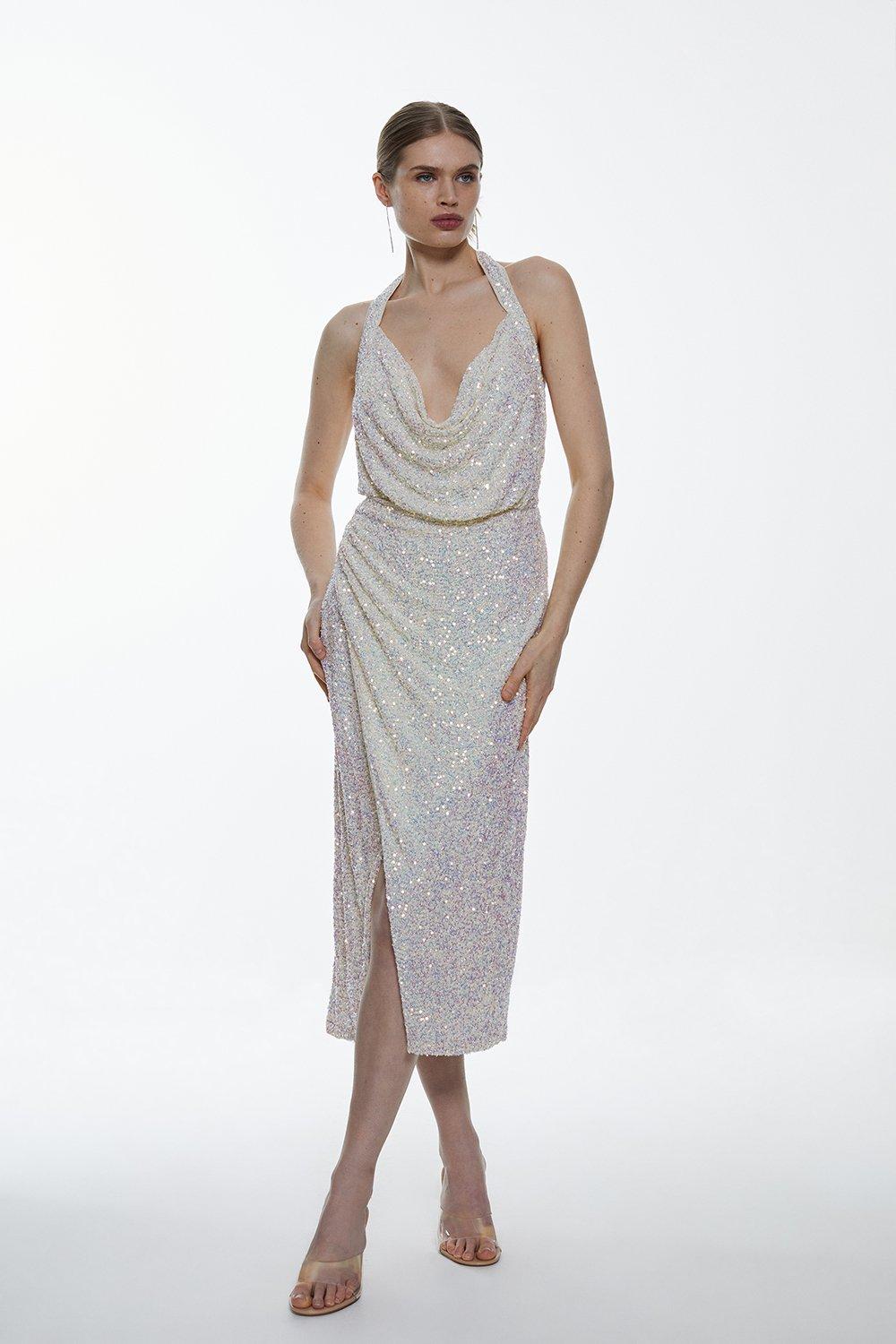 karen millen silver sequin dress Karen Millen Sequin Bandeau Train Detail Mini Dress in Silver