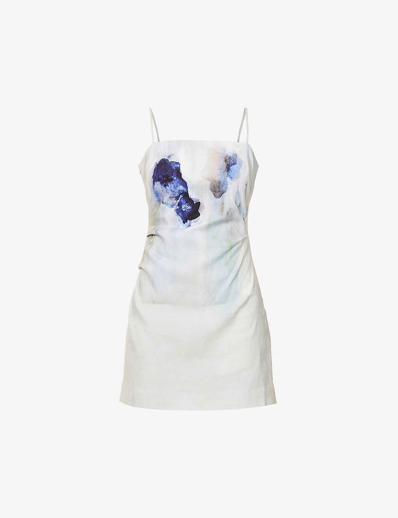 acne linen dress Gathered checked linen-blend mini dress - blue