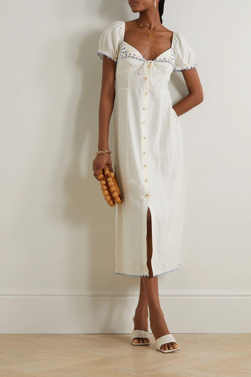 RIXO Briella Scalloped Embroidered Linen Midi Dress | endource