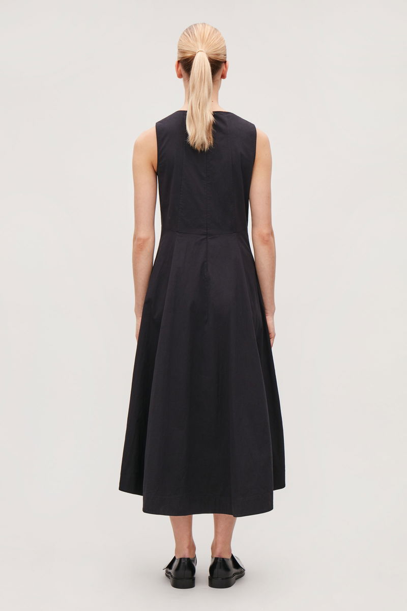 cos waisted pleated midi dress PLEATED BELTED MIDI DRESS - BLACK