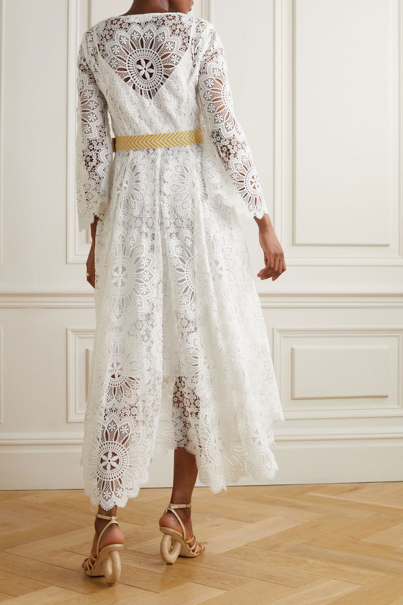 knee length dresses for ladies Zimmermann White Round Neck Tiered Midi Dress with Pleated Lace Trim S –  Sellier