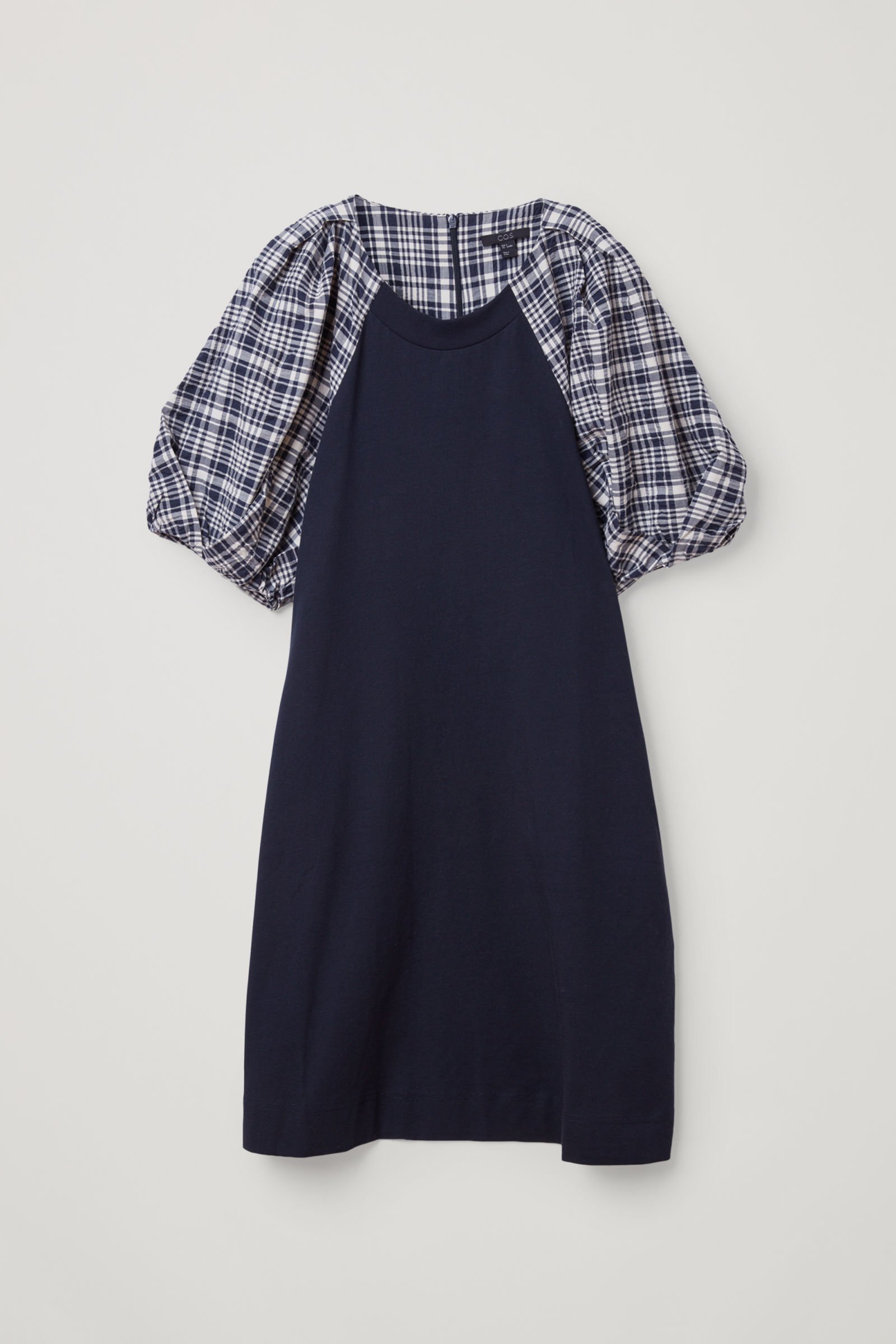 COS Check Puff Sleeve Cotton Dress in navy / white