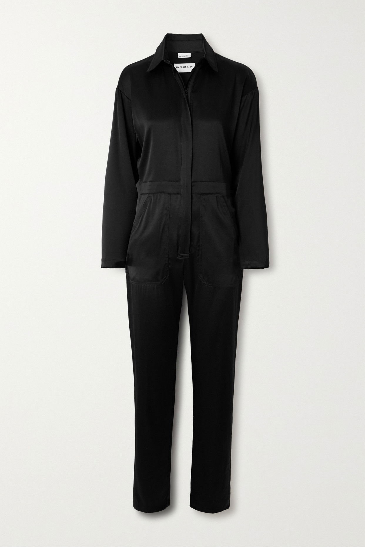 RIVET UTILITY Powerhouse StretchSilk Charmeuse Jumpsuit in Black