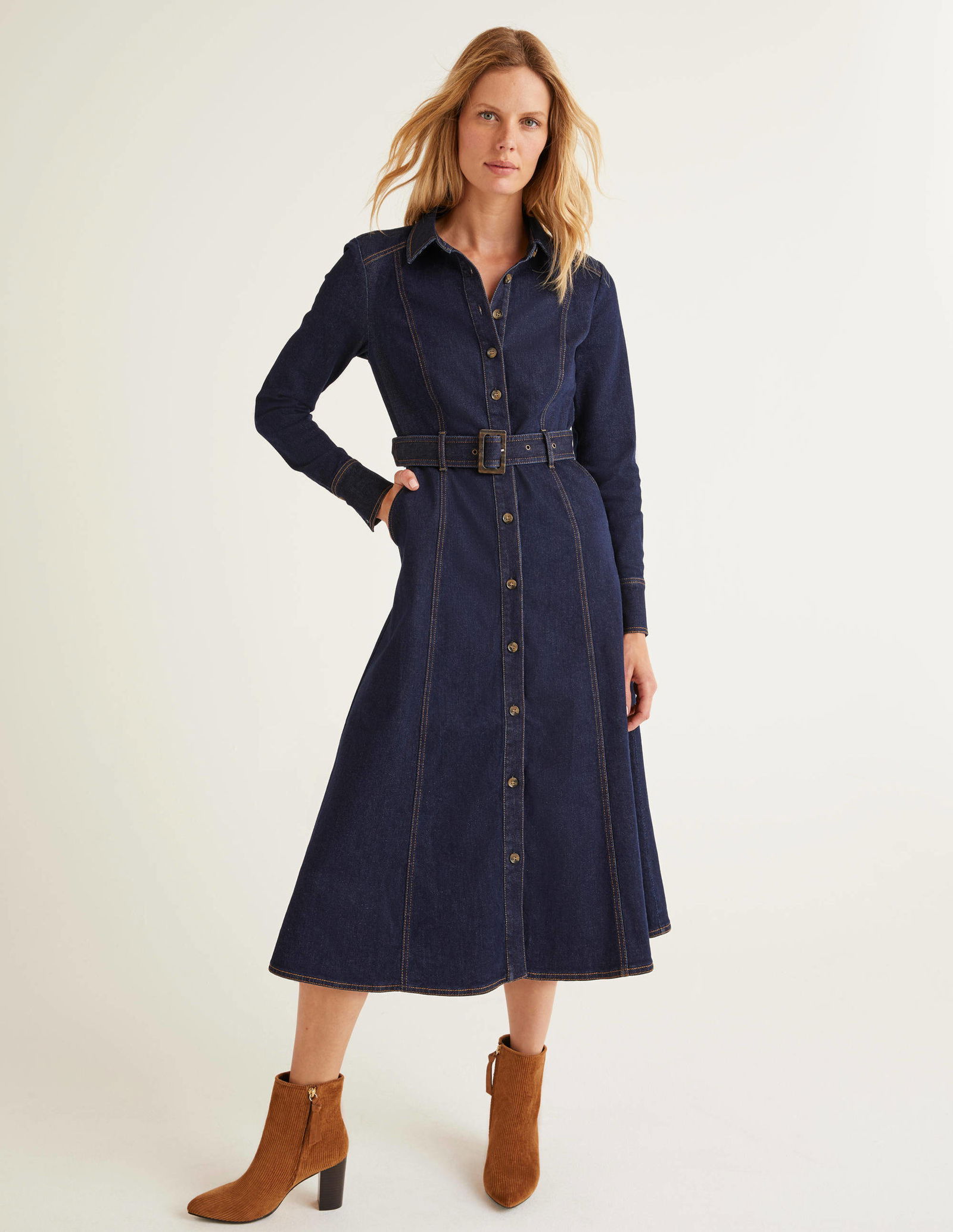 BODEN Mira Denim Midi Dress in Rinse Indigo | endource