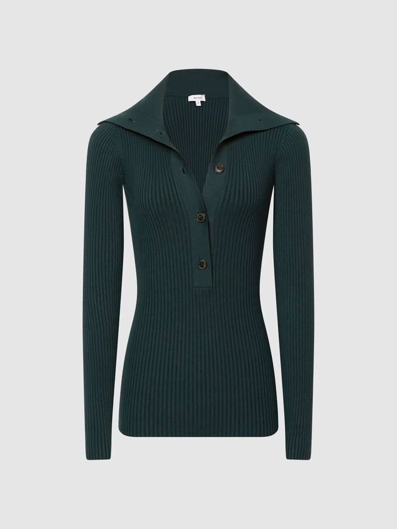 REISS Maia Button Collar Jumper Top in Teal Endource
