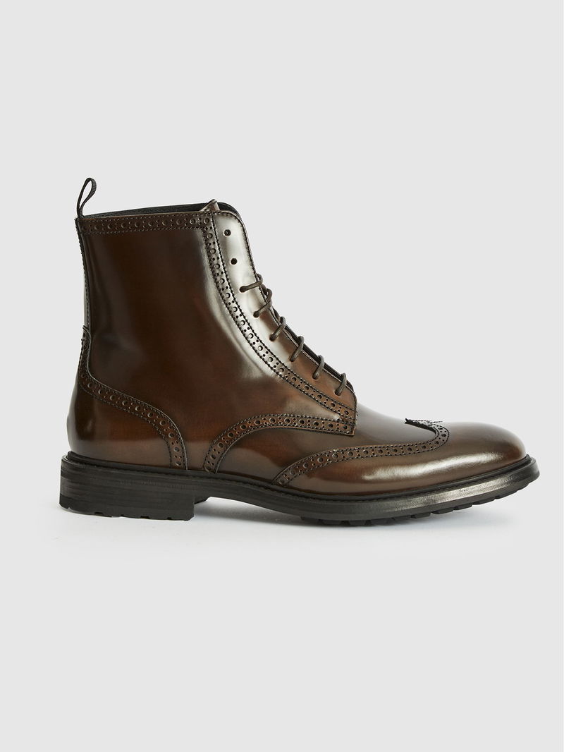 Reiss Stepney Brogue Detail Brown Leather Boots US Size 9 Made in Italy REISS Stepney Brogue Detail Boots | endource main image 2