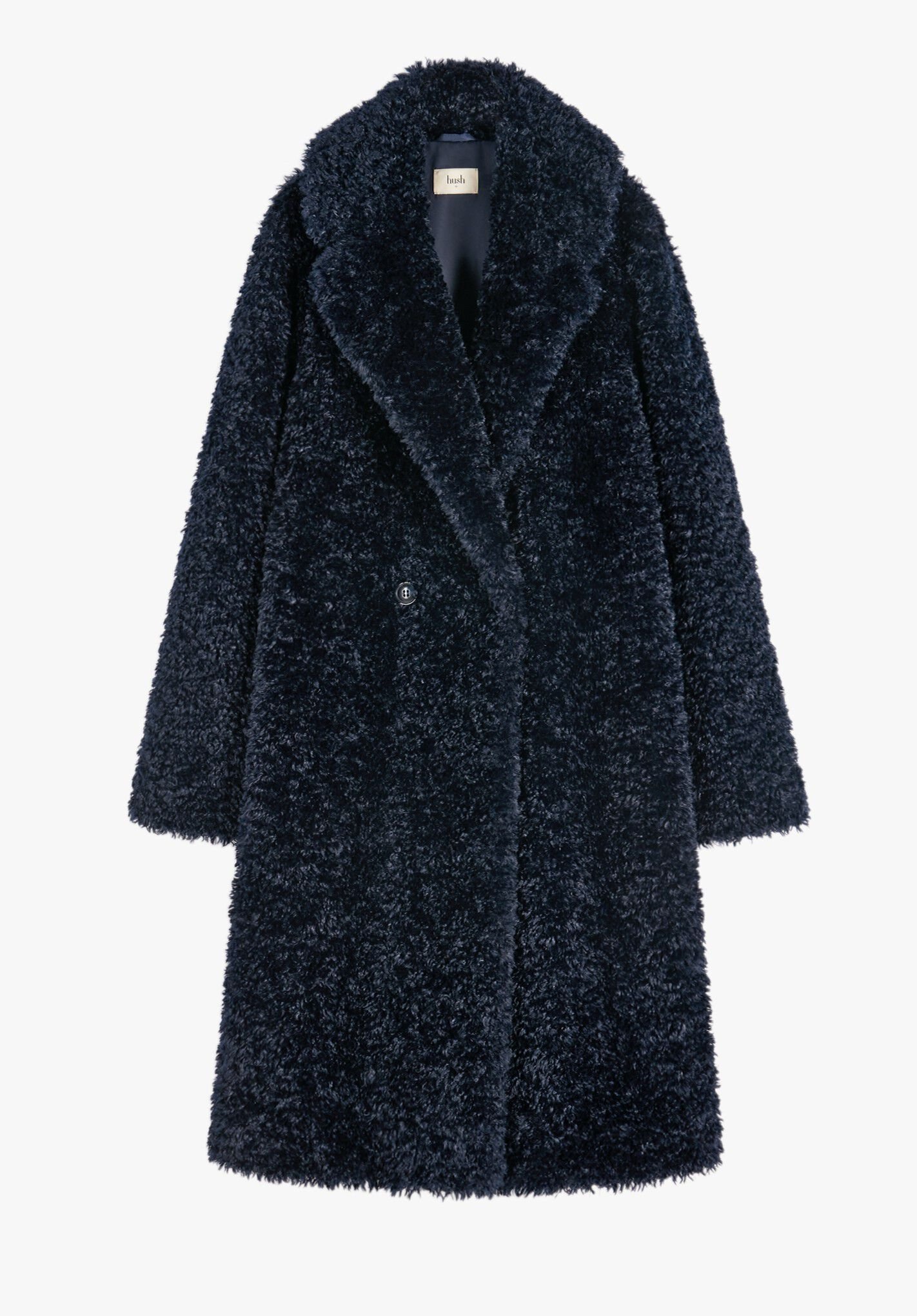 HUSH Leighton Textured Faux Fur Coat in Midnight Navy | Endource