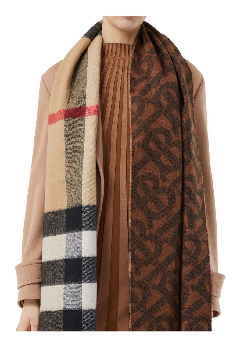 Burberry Check Monogram Cashmere Scarf Natural / White