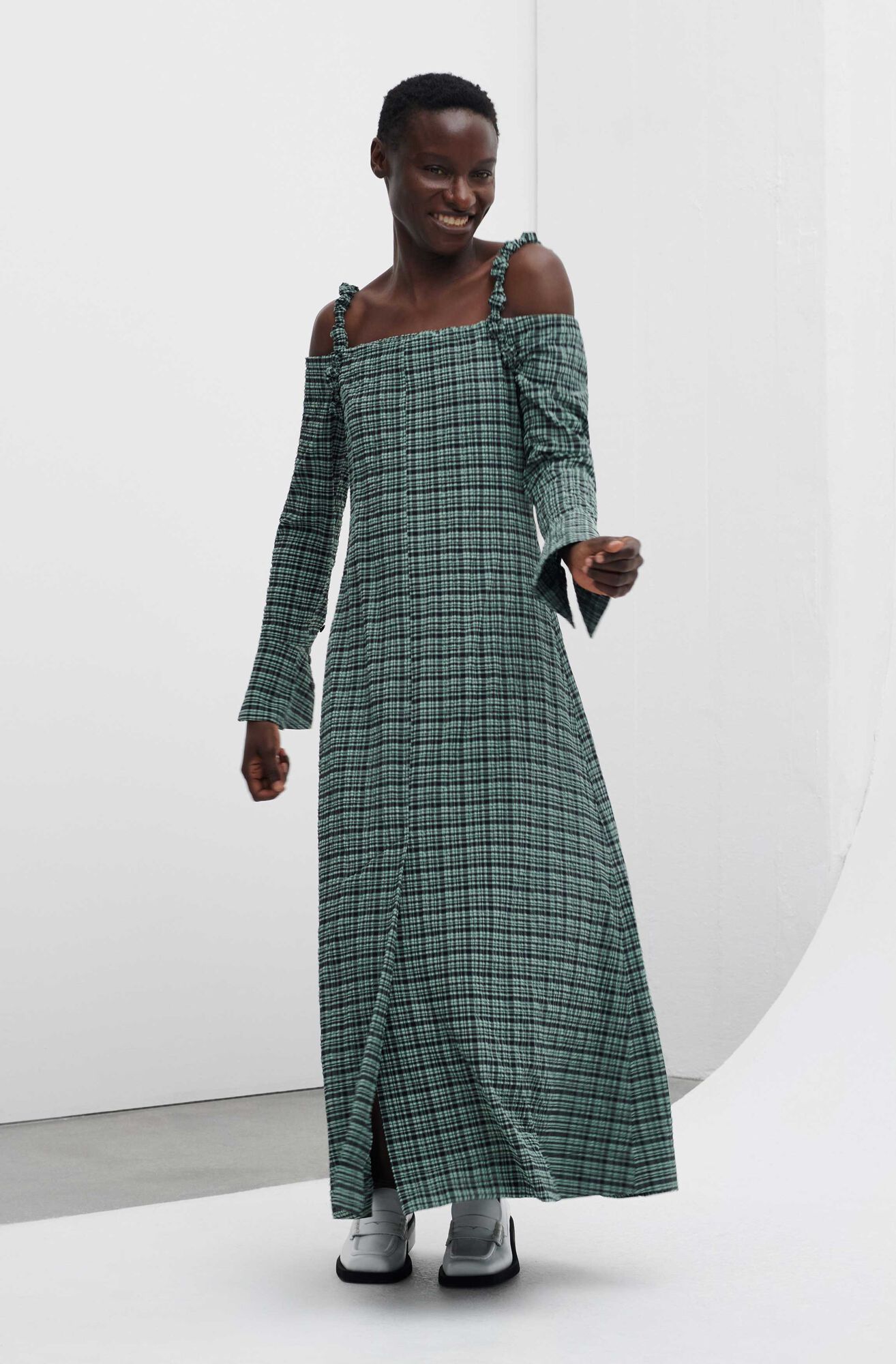 ganni ruched gingham stretch-seersucker maxi dress GANNI Ruched Gingham Stretch-Seersucker Maxi Dress