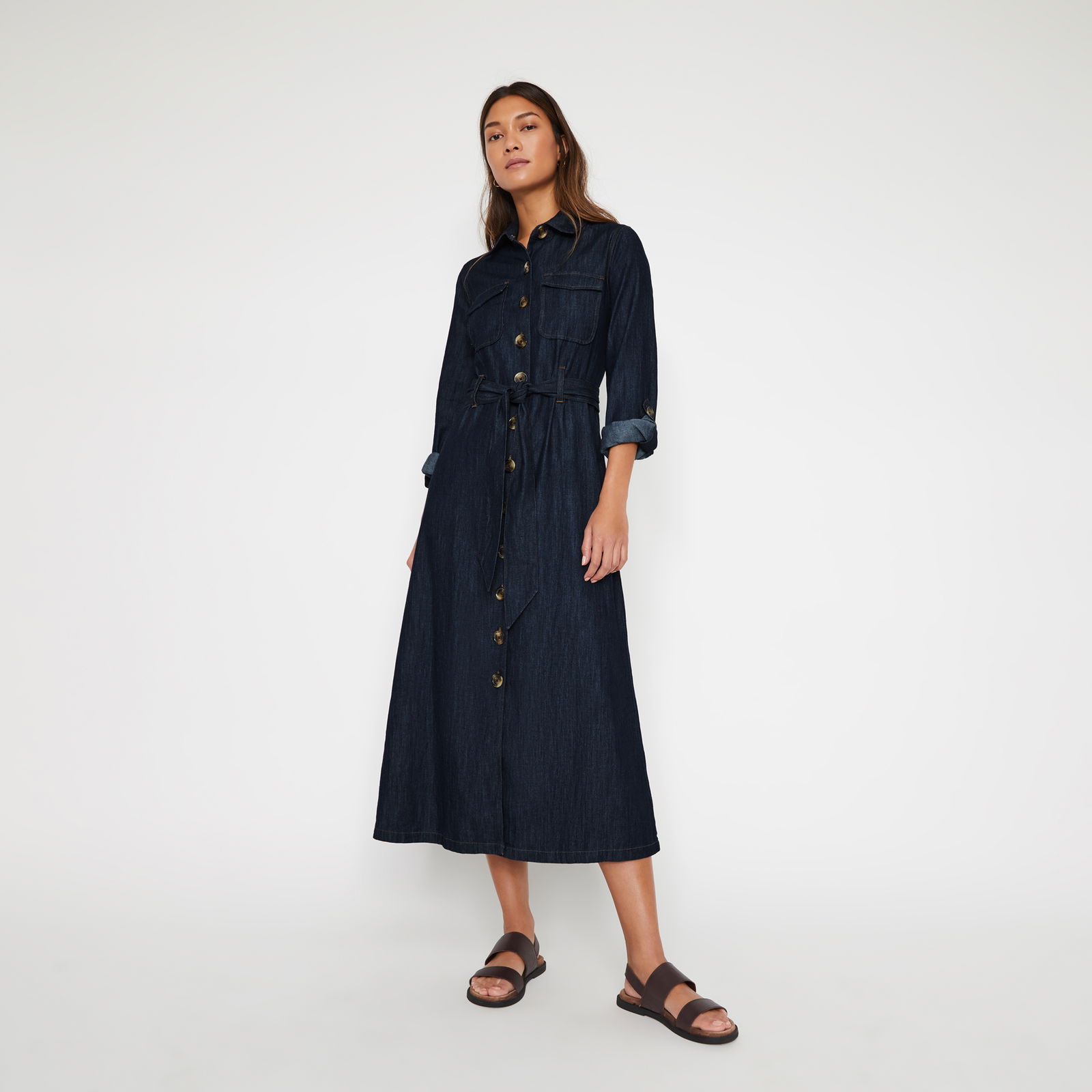 warehouse denim midi dress Dark Wash Warehouse Cross Back Denim Midi Dress