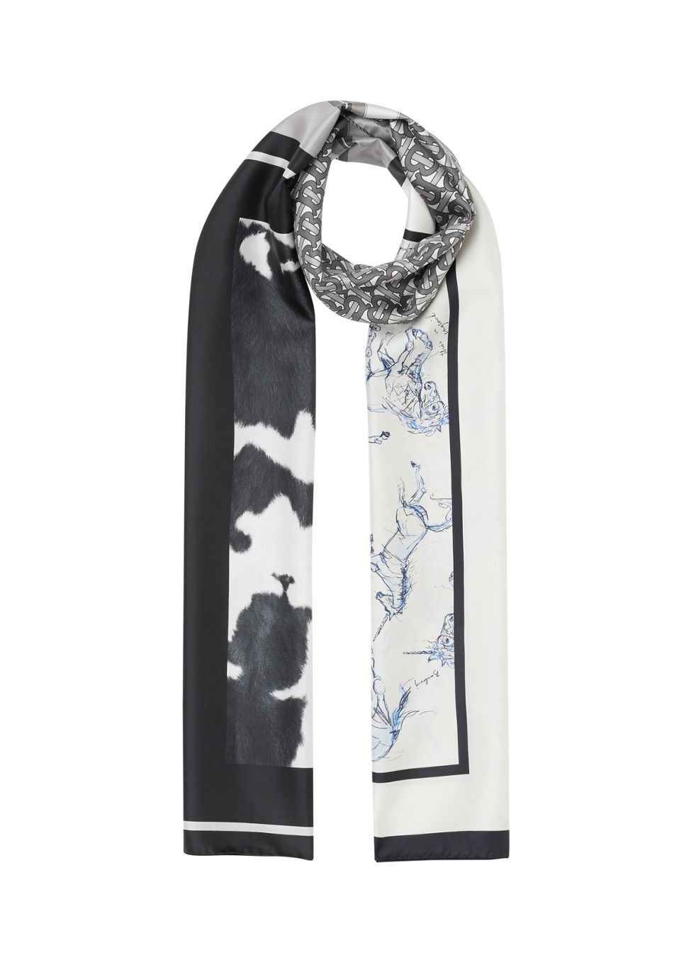 BURBERRY Unicorn Monogram And Cow Print Silk Scarf Endource