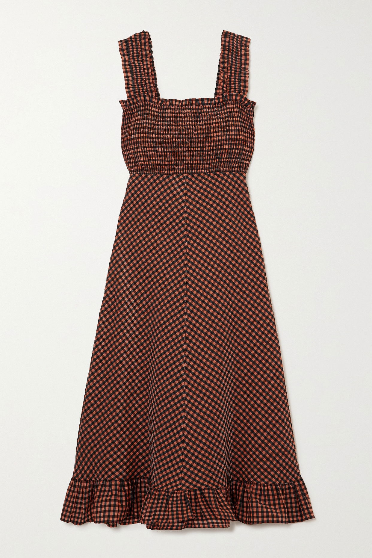 ganni ruffled seersucker midi dress Ganni Ruffled Seersucker Midi Dress In Black