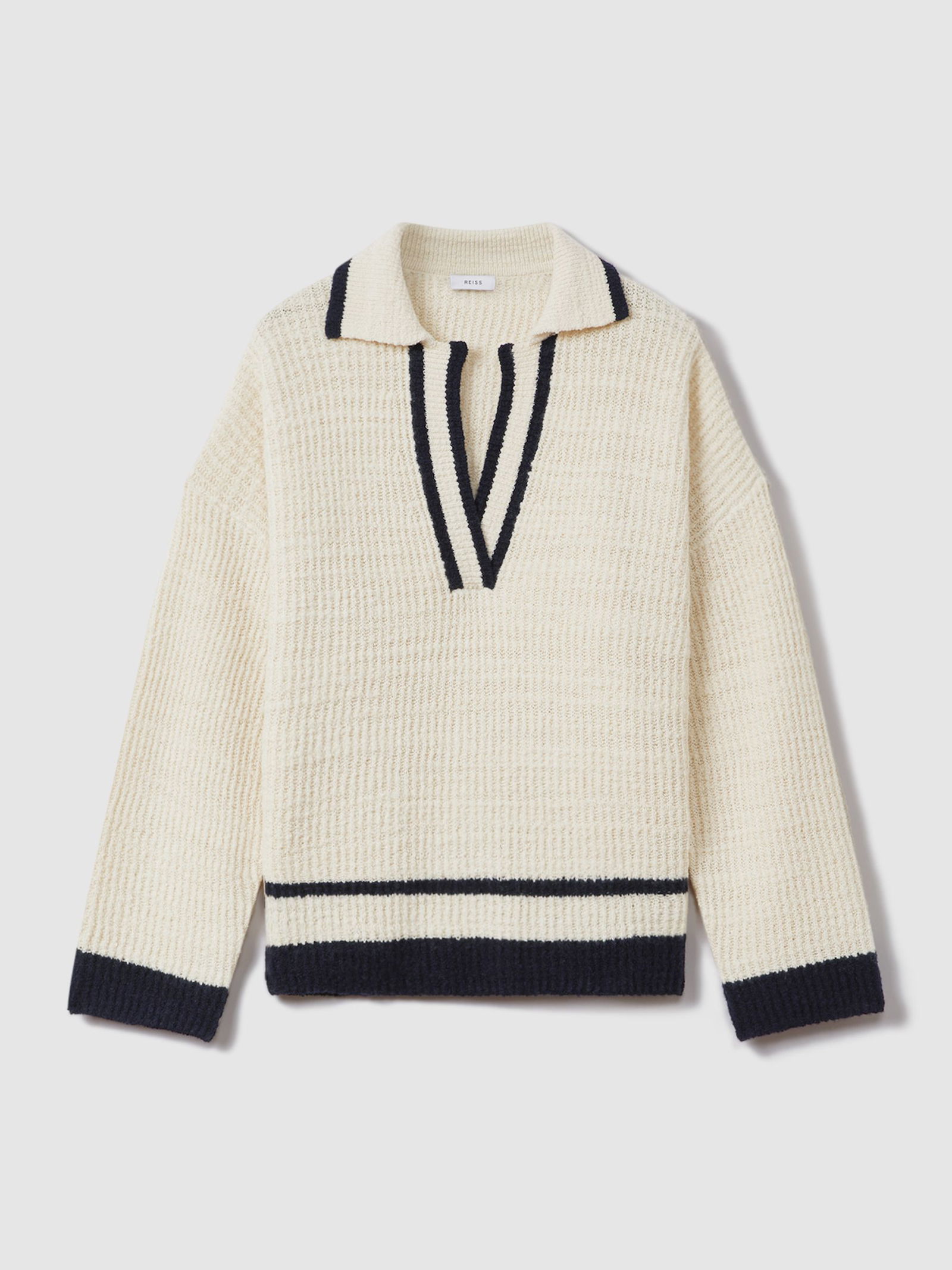 REISS Michaela Wool Blend Open Collar Jumper in Cream/Navy | Endource