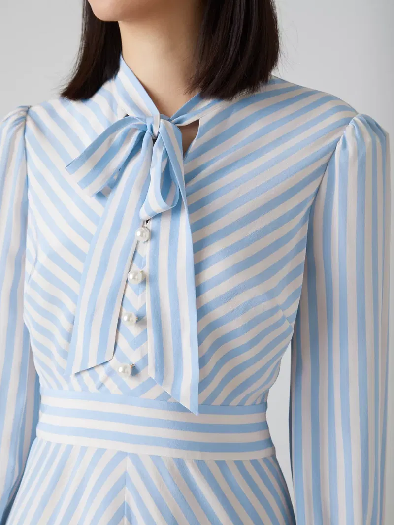 lk bennett blue silk dress Lk Bennett Vali Dress Vali Blue Valerian Floral Print Tie Neck Silk Dress The Archive