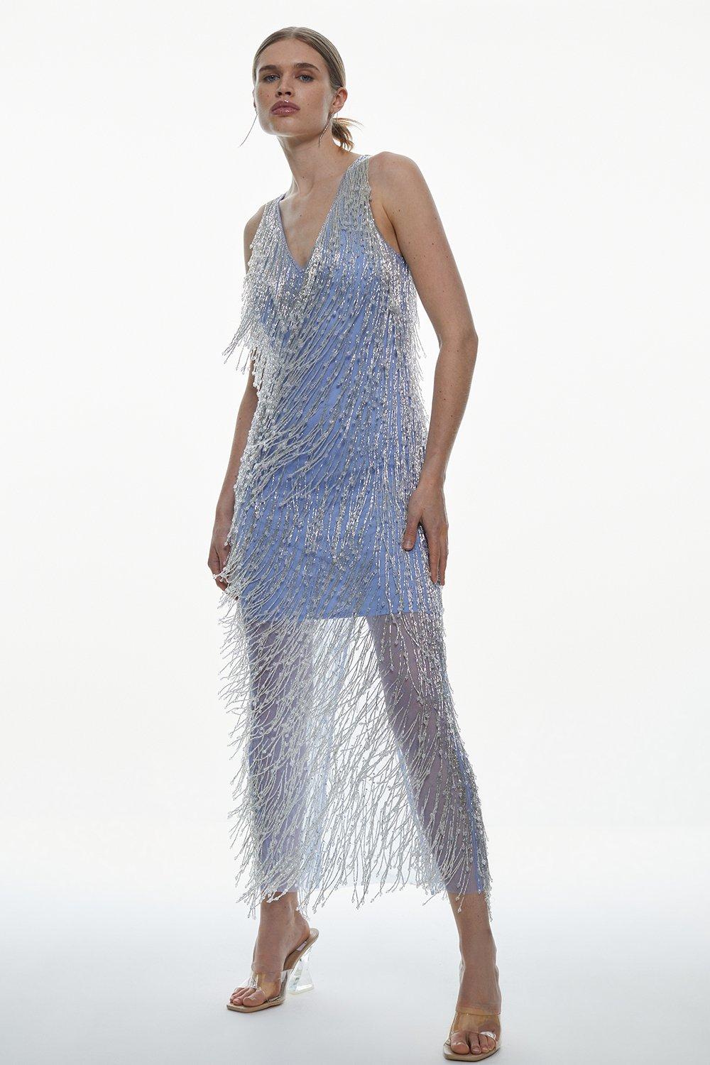 karen millen beaded fringed woven maxi dress Gold Premium Embellished Fringed Woven Maxi Dress