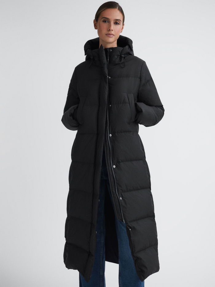 REISS Tilde Longline Hooded Puffer Coat in Black | Endource