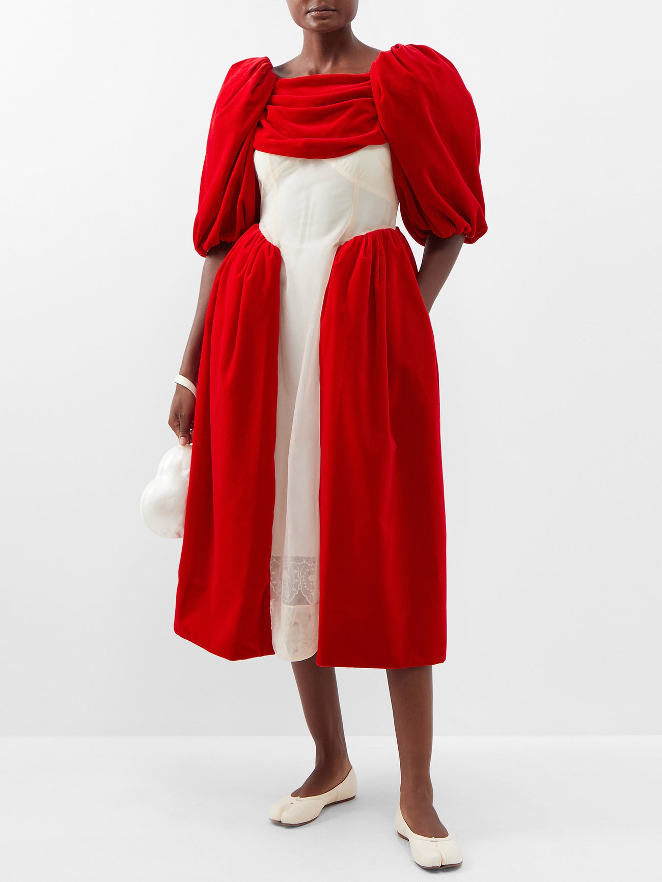simone rocha puff sleeve red organza dress SIMONE ROCHA Puff-Sleeved Organza-Insert Cotton-Velvet Dress