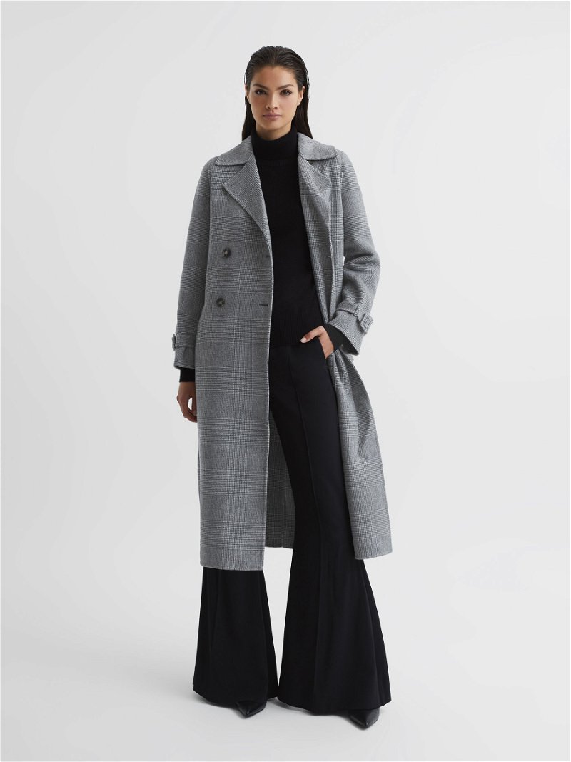 REISS Alexa Belted Blindseam Checked Trench Coat in Grey | Endource