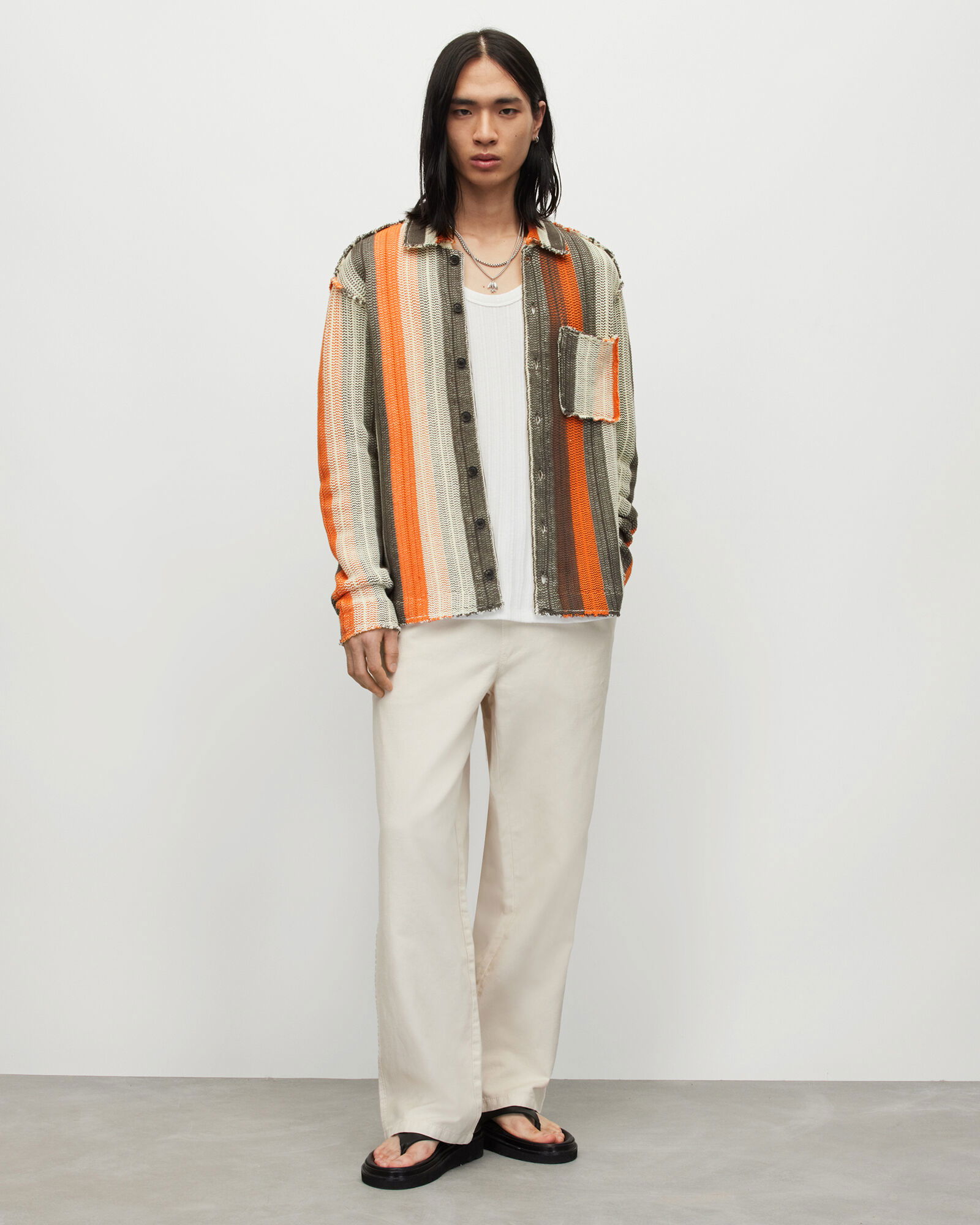 ALLSAINTS Truck Striped Cardigan in ECRU/BITTER BROWN | endource