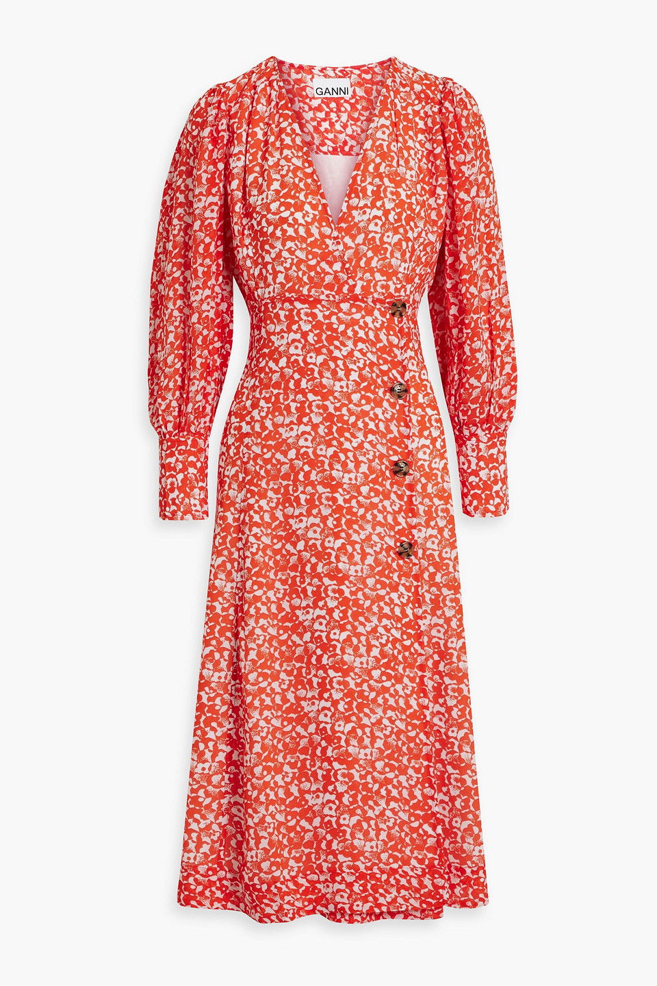 GANNI Printed Crepe Midi Dress in Orange | endource