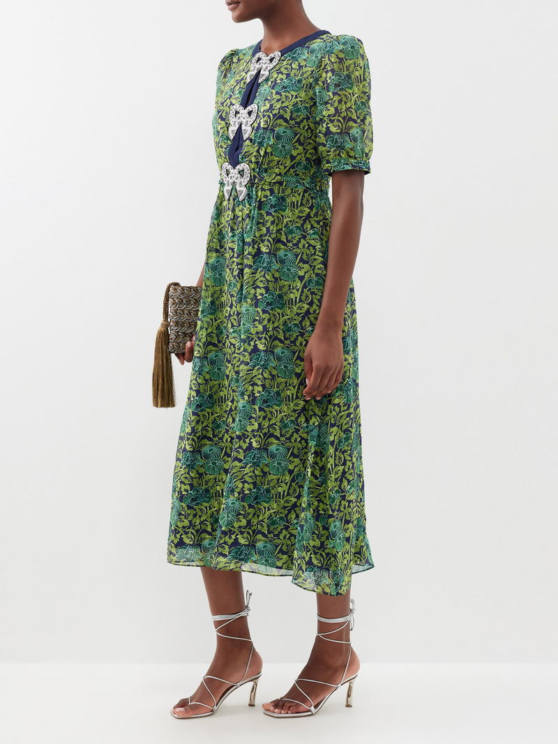SALONI Jamie Crystal-Bow Silk Midi Dress | endource