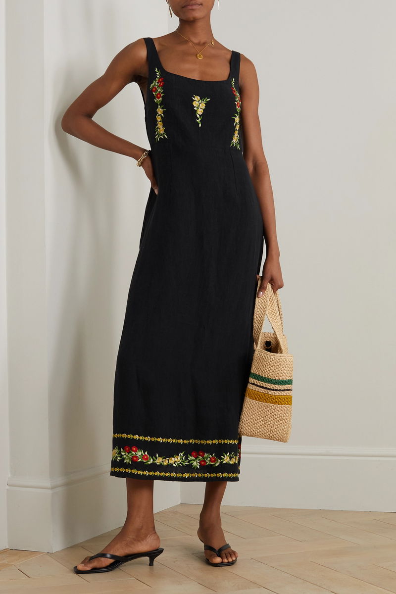 RIXO Benedict Embroidered Linen-Blend Midi Dress | endource