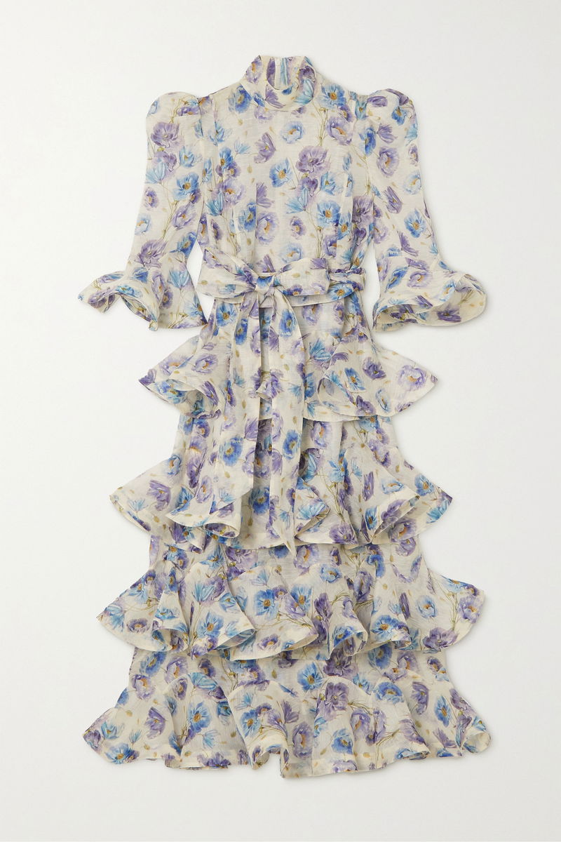 ZIMMERMANN Tama Belted Ruffled Tiered Linen And Silk-Blend Midi Dress |  endource