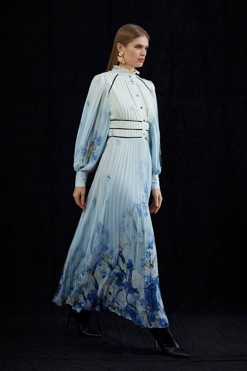 KAREN MILLEN Karen Millen x Katarzyna Mrożewska Petite Scattered Floral Print Pleated Maxi