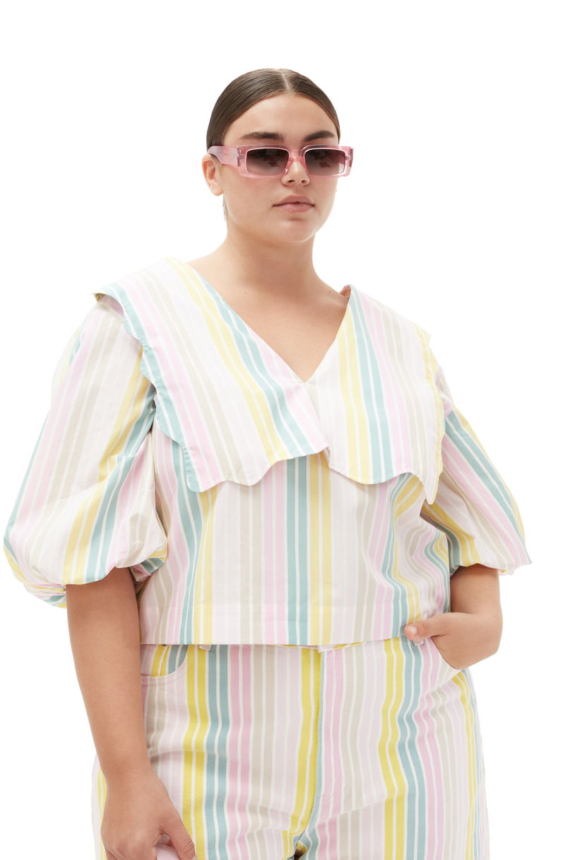 GANNI Stripe Cotton Rhythm Collar Blouse in Multicolour | Endource