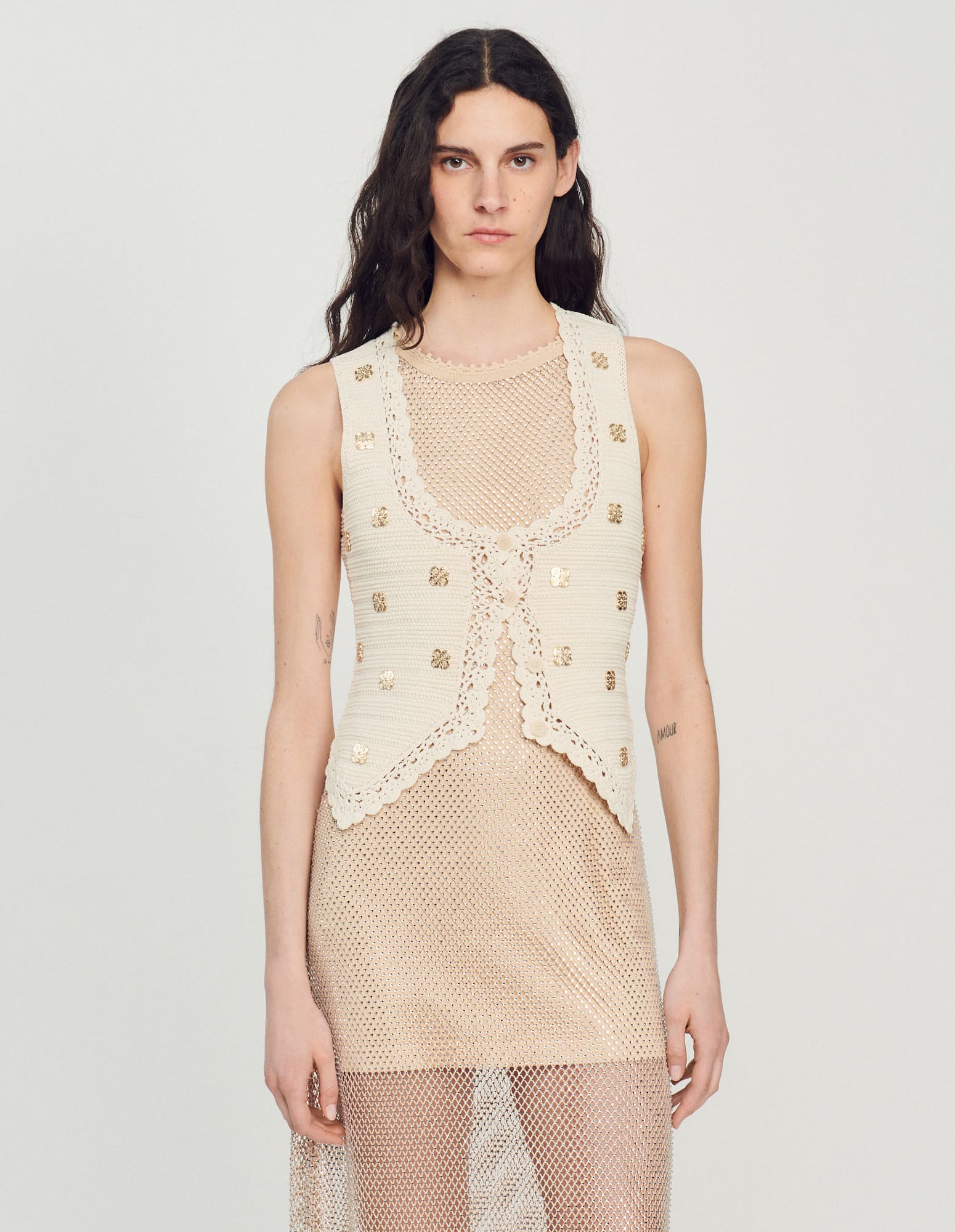 knee length dresses for ladies Sandro // Mesh Sequin Dress  VSP Consignment