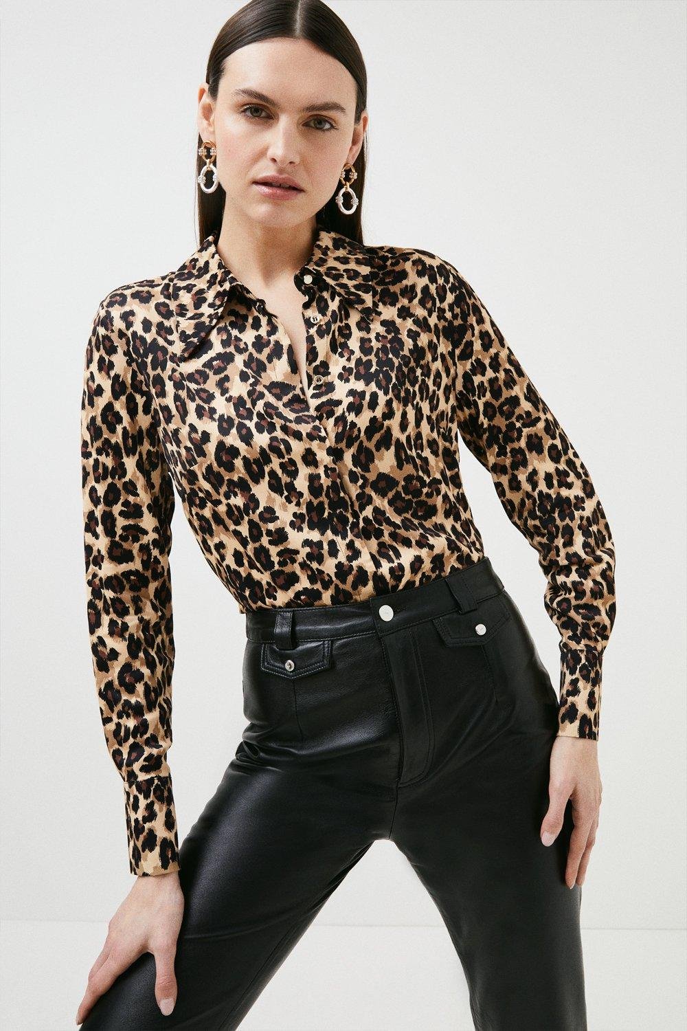 Leopard Jacquard Tie Waist Shirt with Collar