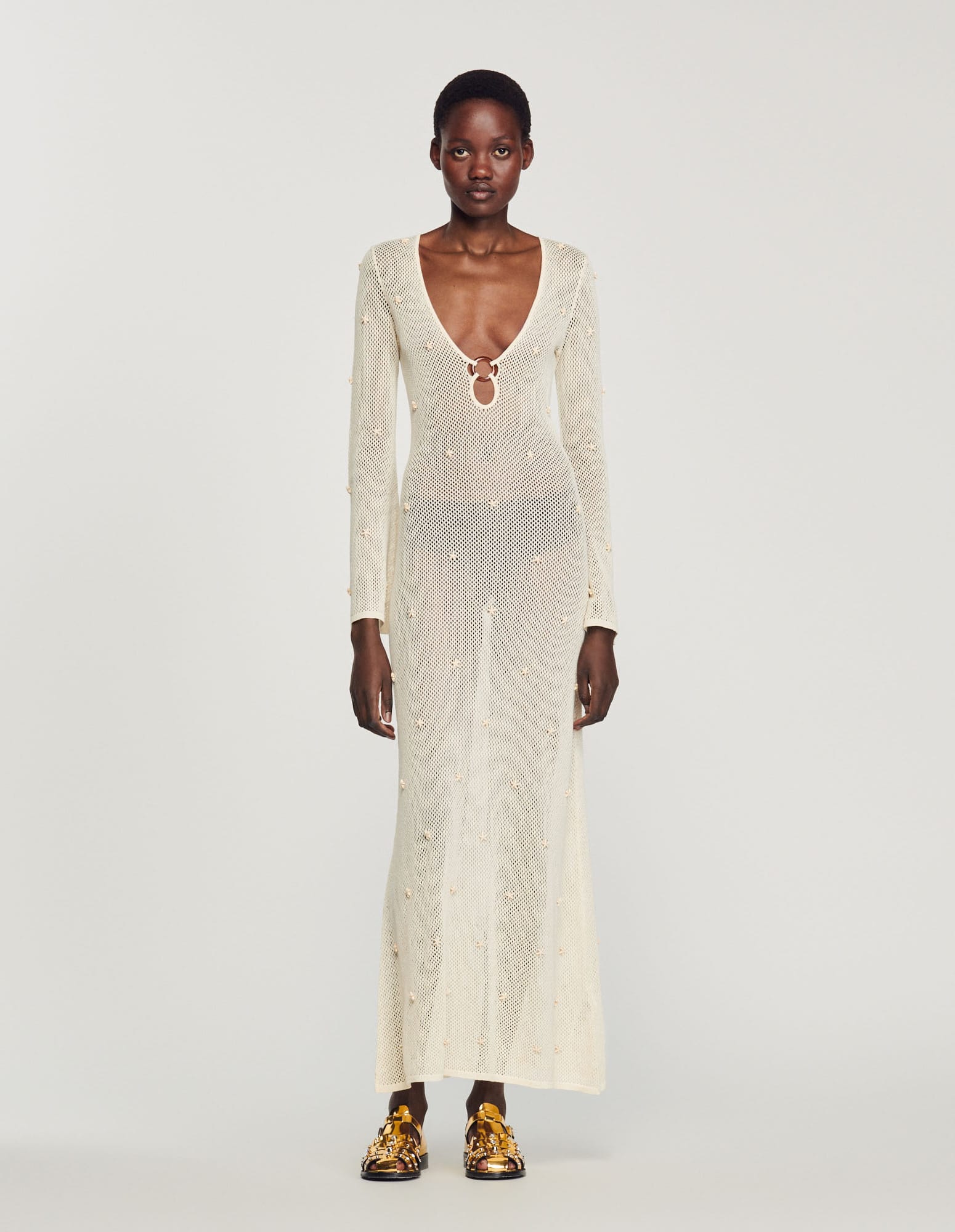 sandro embroidered mesh detail dress Sandro Long Shiny Mesh Dress - Navy Blue