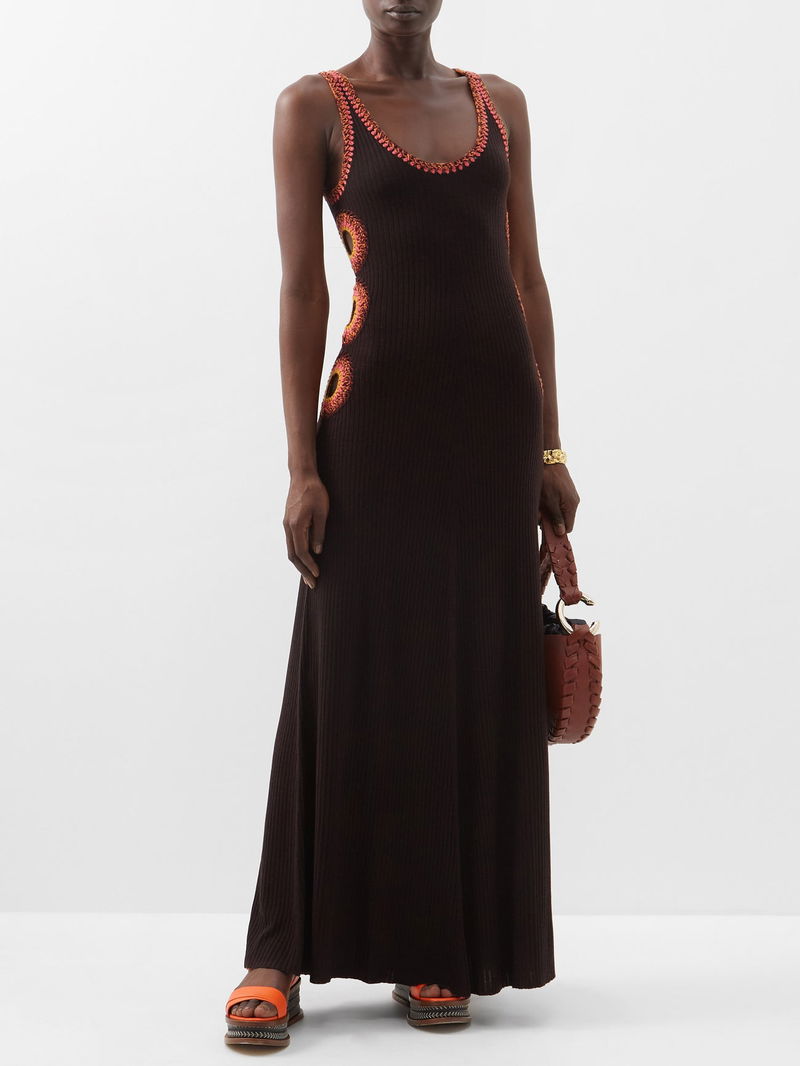 CHLOÉ Crochet-Trim Ribbed Cutout Wool-Blend Dress