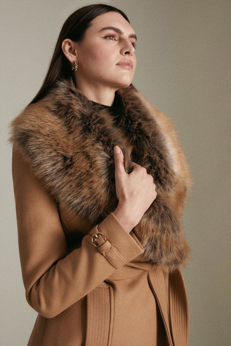 KAREN MILLEN Collared Faux Fur Belted Coat in Toffee