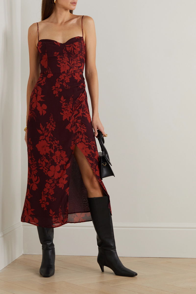 REFORMATION Kourtney Floral-Print Georgette Midi Dress in Red | Endource