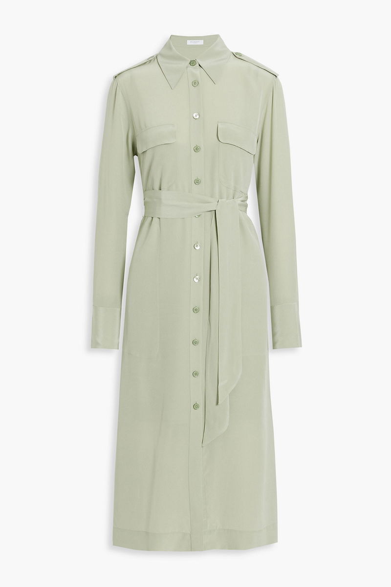EQUIPMENT Zelie Belted WashedSilk Midi Shirt Dress in Green Endource