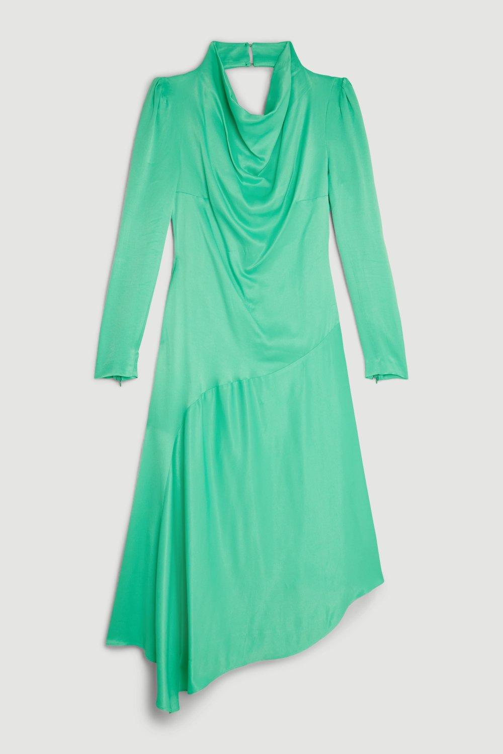 Karen Millen Satin Asymmetric Woven Maxi Dress In Green Endource