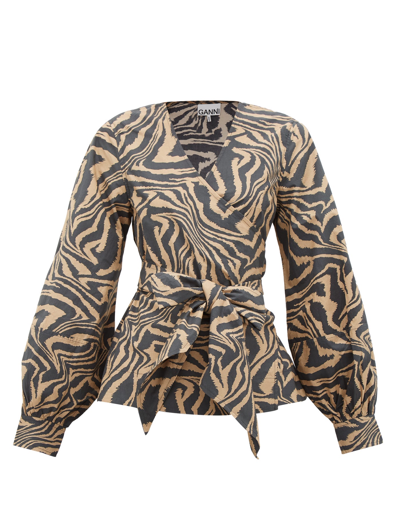 Ganni - V-Neck Tiger-Print Cotton Wrapped Shirt Top