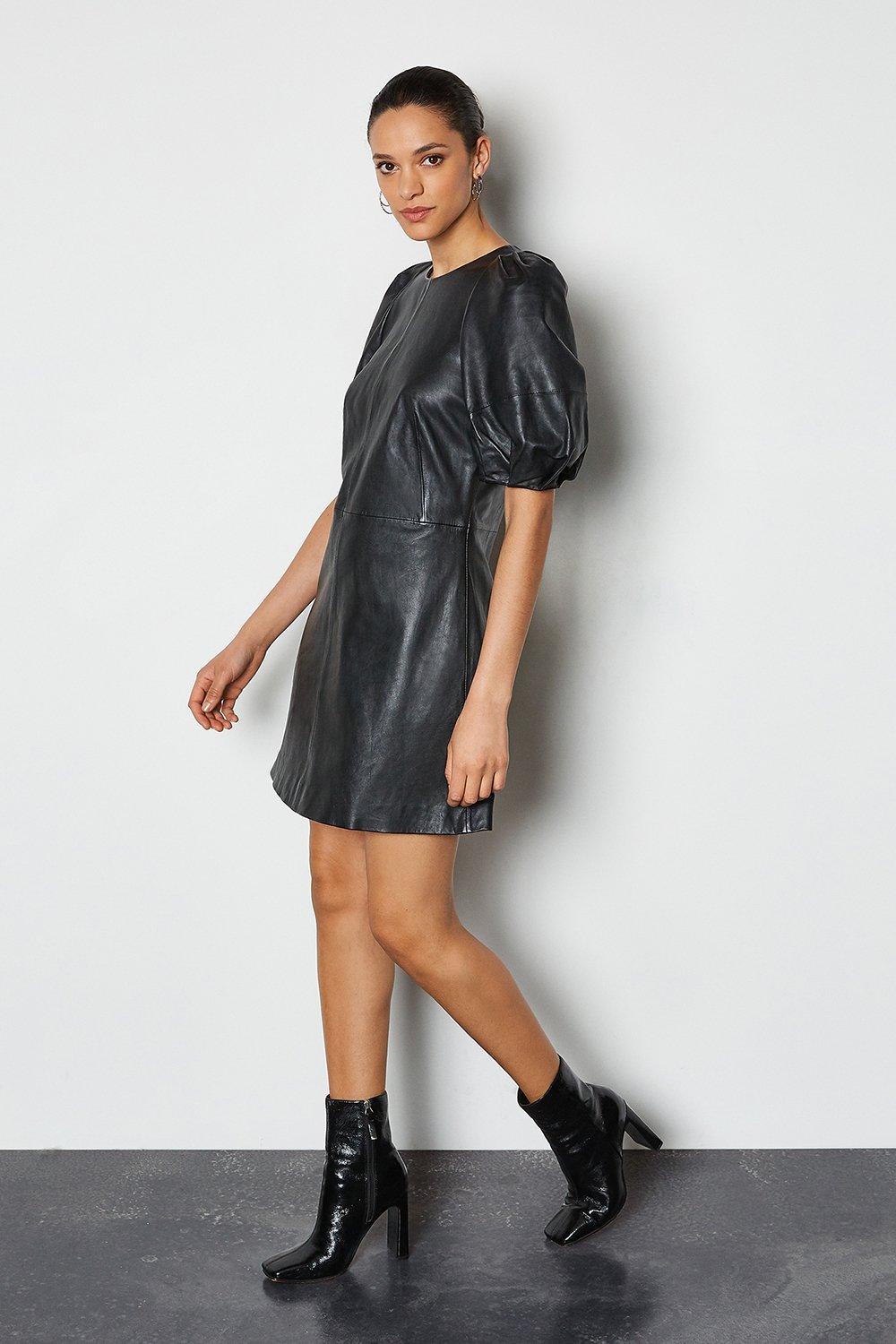 puff sleeve leather dress Womens Friends Like These Black Faux Leather Puff Sleeve Mini Dress US 6