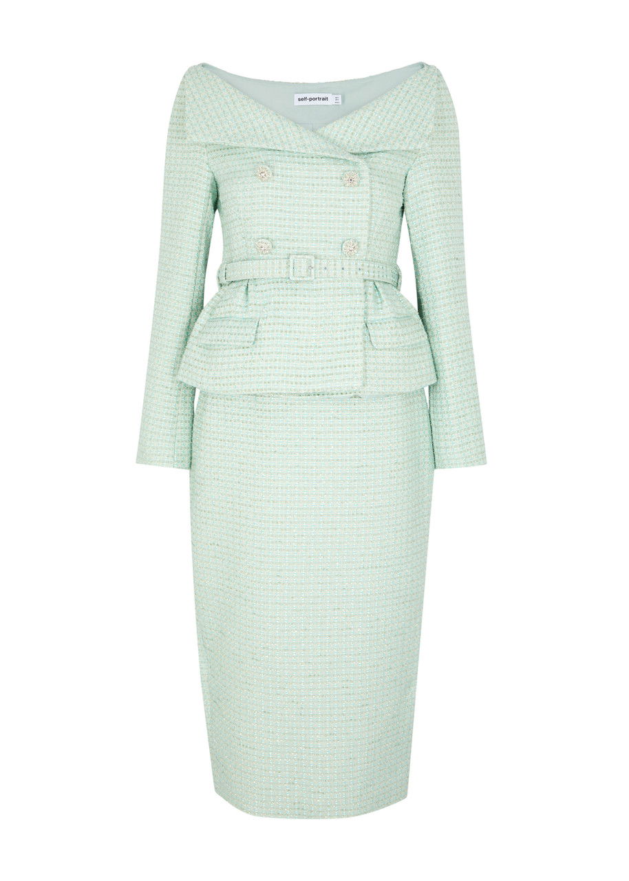 self portrait green tweed dress SELF-PORTRAIT Bouclé Midi Portrait boucle tweed